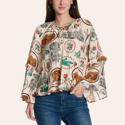Blue B Women's Western Print Bell Sleeve Peasant Top In Multi