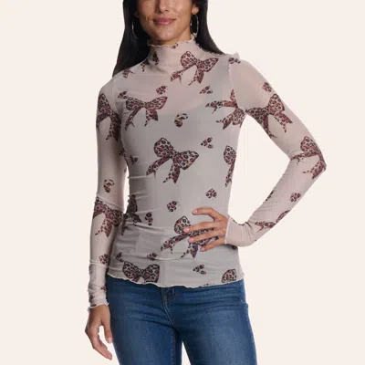 Blue B Women's White Leopard Bow Print Mesh Mock Neck Top In Multi