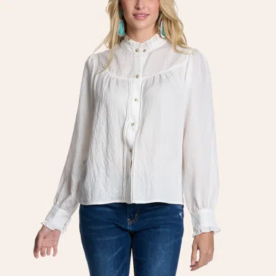 Blue B Women's White Ruffle Long Sleeve Pearl Snap Top