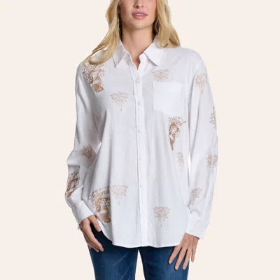 Blue B Women's White Western Print Embroidered Shirt