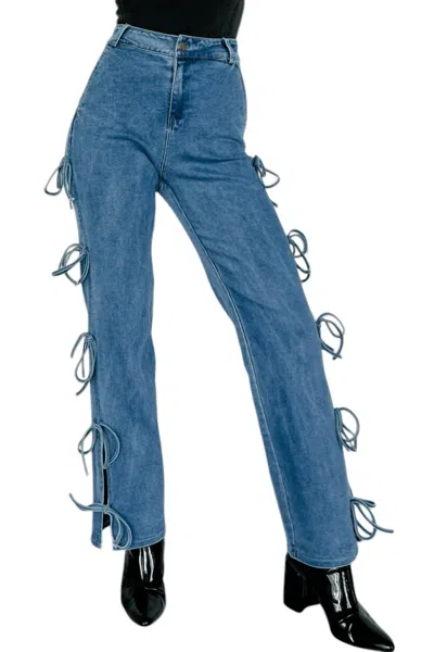 Blue Blush Bow Tied Pants In Denim In Multi