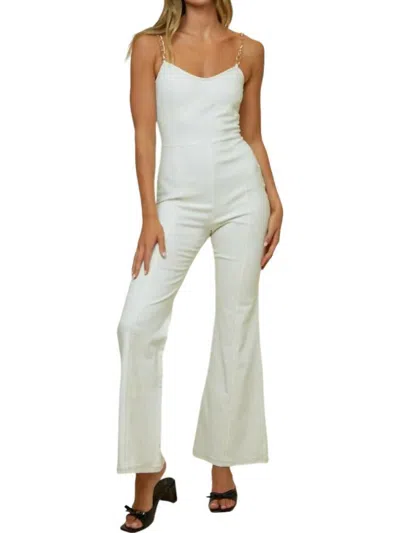 Blue Blush Chain Shoulder Detail Denim Jumpsuit In White In Green