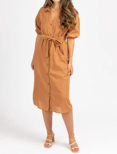 Blue Blush Collared Waist Tie Midi Dress In Auburn In Brown