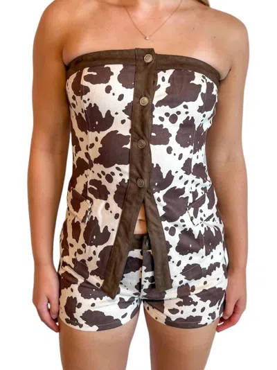 Blue Blush Cow Town Strapless Top In Brown In Burgundy