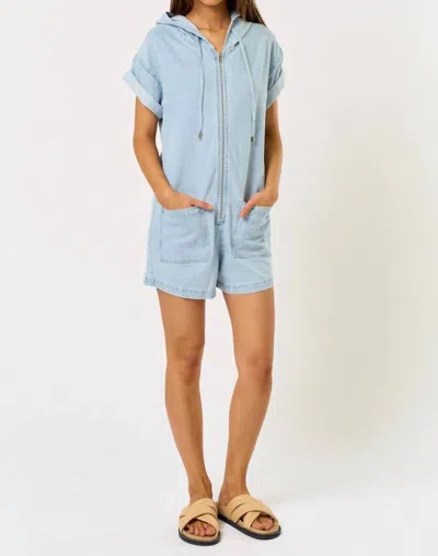 Blue Blush Denim Hooded Romper In Light Wash In Blue