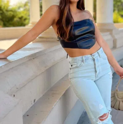 Blue Blush Faux Leather Bandana Top In Black In Blue