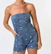Blue Blush Floral Embroidered Strapless Romper In Denim In Blue