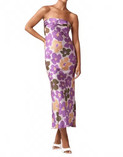 Blue Blush Flower Print Satin Midi Dress In Purple In Multi