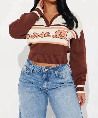 Blue Blush Game Day Drop Shoulder Knitted Polo Sweater In Brown In Red