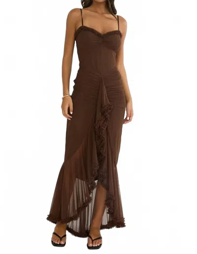 Blue Blush Gathered Waist Frill Trim Maxi Dress In Chocolate In Brown