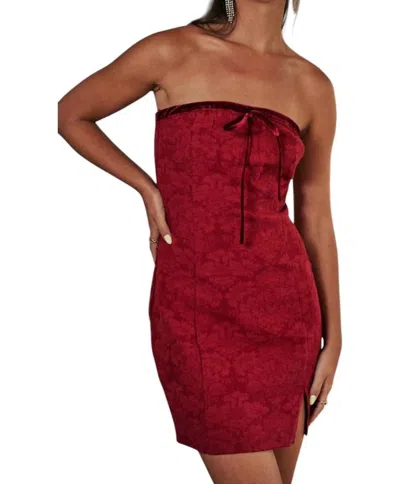 Blue Blush Jacquard Tube Mini Dress With Velvet Contrast In Wine In Burgundy