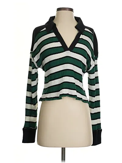 Pre-owned Blue Blush Long Sleeve Top Green Plunge Neckline Tops