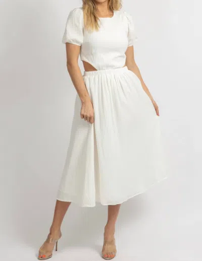 Blue Blush Puff Sleeve Waist Cutout Midi Dress In Ivory In White