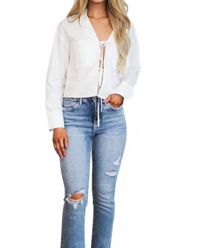 Blue Blush Right Moment Bow Tie Pocket Collared Top In White In Multi