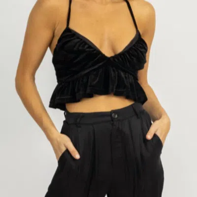 Blue Blush Ruched Cropped Top In Black Velvet