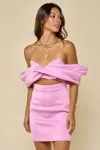 Blue Blush Short Off Shoulder Front Ribbon Scuba Mini Dress In Pink