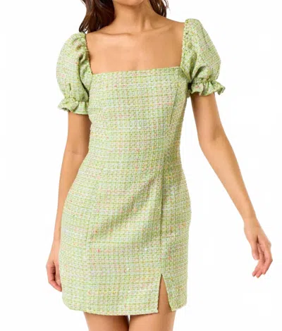Blue Blush Square Neck Mini Tweed Dress In Kiwi In Green