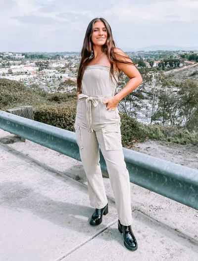 Blue Blush Strapless Cargo Jumpsuit In Washed Olive In Green