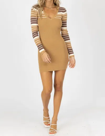 Blue Blush Striped Sleeve Sweater Mini Dress In Khaki In Green