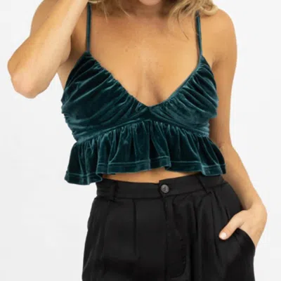 Blue Blush Velvet Ruffled Cropped Top In Green