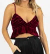 Blue Blush Wine Ruffled Cropped Top In Velvet In Multi