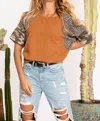 Blue Buttercup Camo Leopard Print Block Top In Rust