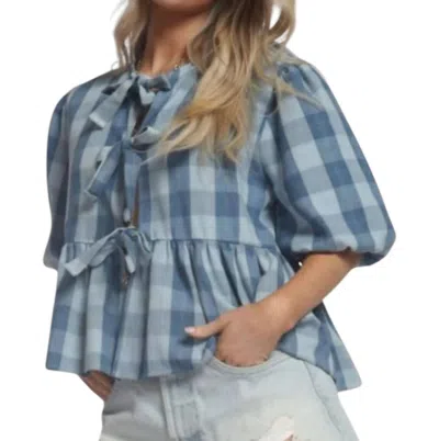 Blue Buttercup Gauze Plaid Bow Blouse In Blue