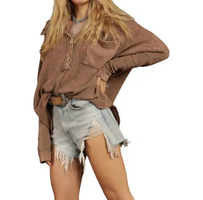 Blue Buttercup Mineral Dyed Waffle Tunic Top In Brown
