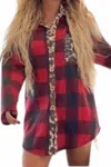 Blue Buttercup Plaid Button Down With Animal Print Detail In Red/ Black In Red