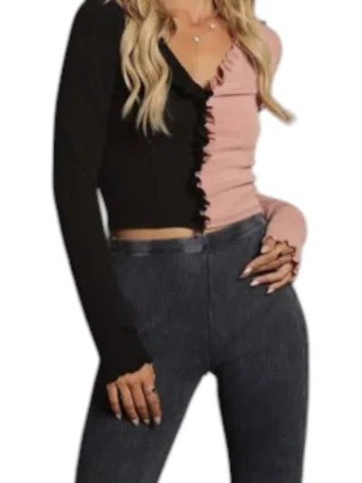 Blue Buttercup Ribbed Ruffle Top In Black And Pink In Multi