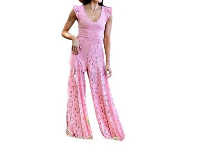 Blue Buttercup Rose Lace Wide Leg Jumpsuit In Blush In Gold
