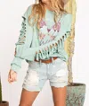 Blue Buttercup Slit Sleeve Butterfly Sweatshirt In Jade