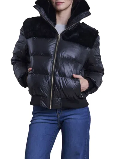 Blue Duck Women's Faux Shearling Trim Down Bomber Jacket In Blue