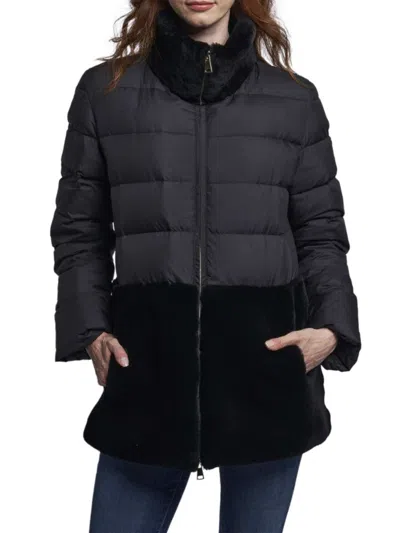 Blue Duck Women's Funnel Neck Shearling Down Jacket In Black