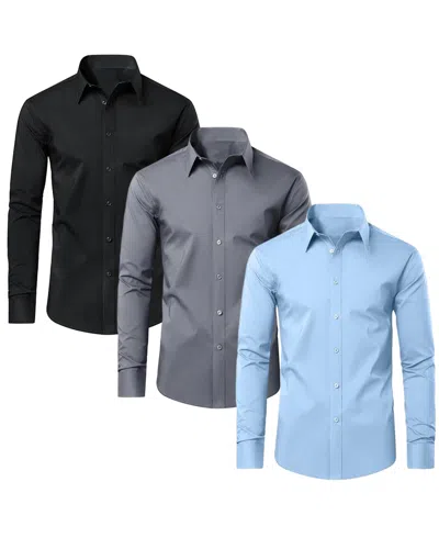 Blue Ice Men's Long Sleeve Classic Dress Shirt- 3 Pack In Black - Grey - Light Blue