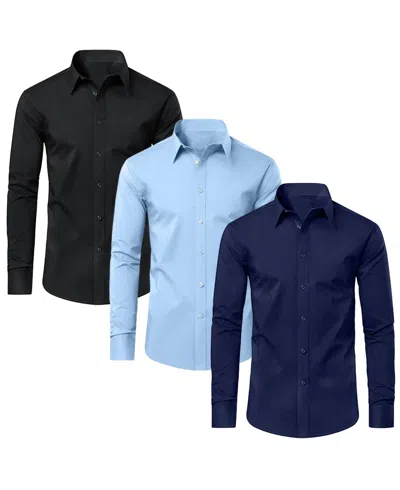 Blue Ice Men's Long Sleeve Classic Dress Shirt- 3 Pack In Black - Light Blue - Navy