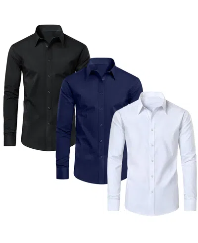 Blue Ice Men's Long Sleeve Classic Dress Shirt- 3 Pack In Black - Navy - White