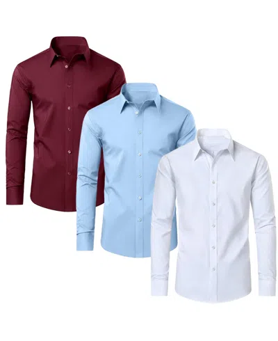 Blue Ice Men's Long Sleeve Classic Dress Shirt- 3 Pack In Burgundy - Light Blue - White