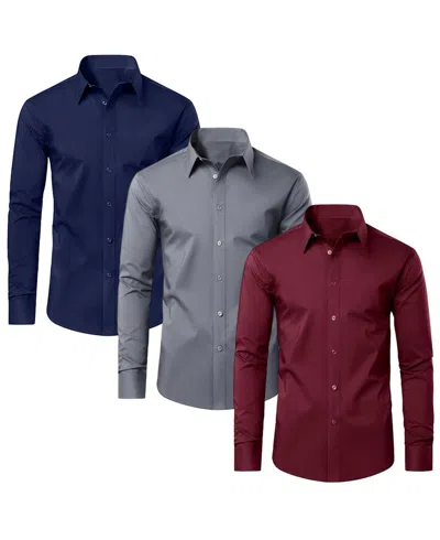 Blue Ice Men's Long Sleeve Classic Dress Shirt- 3 Pack In Navy - Grey - Burgundy