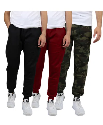 Blue Ice Men's Modern Fit Heavyweight Classic Fleece Jogger Sweatpants- 3 Pack In Black-burgundy-woodland