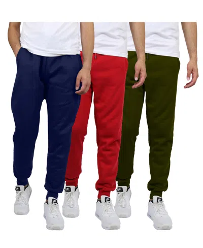 Blue Ice Men's Modern Fit Heavyweight Classic Fleece Jogger Sweatpants- 3 Pack In Navy-olive-red