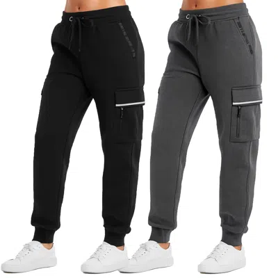 Blue Ice Women's Loose Fit Heavyweight Tech Fleece Cargo Jogger Pants With Zipper Pockets-2 Pack In Gray
