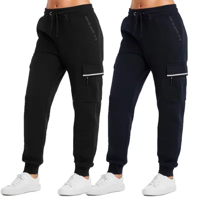 Blue Ice Women's Loose Fit Heavyweight Tech Fleece Cargo Jogger Pants With Zipper Pockets-2 Pack In Multi