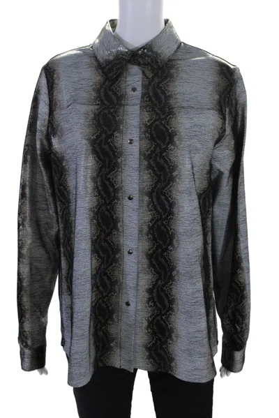 Blue Ice Womens Gray Armani Paper Print Long Sleeve Button Down Shirt In Grey