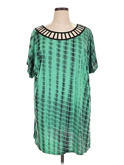 Pre-owned Blue Island Short Sleeve Top Green Keyhole Neckline Tops