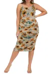 Blue Leopard Floral Ruched Mesh Midi Dress In Taupe In Multi