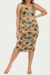 Blue Leopard Floral Ruched Mesh Midi Dress In Taupe In Multi