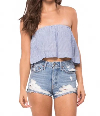 Blue Life Lina Frill Off The Shoulder Top In Denim Stripe Blue