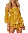 Blue Life Off Shoulder Smocking Three Quarter Sleeve Top In Golden Goddess