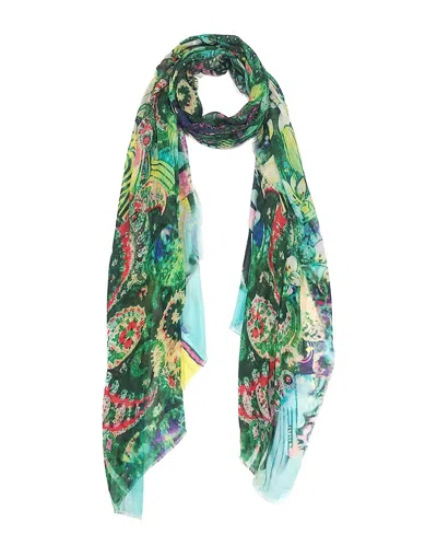 Blue Pacific Floral & Seashell Print Scarf In Multi